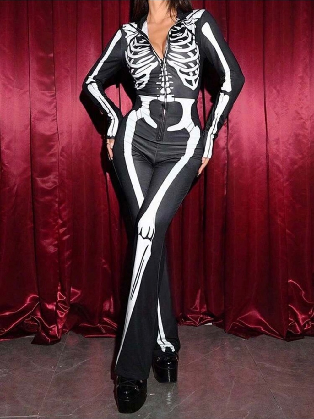 SHEIN Black Ribcage Skeleton Zip-Front Flared Jumpsuit
